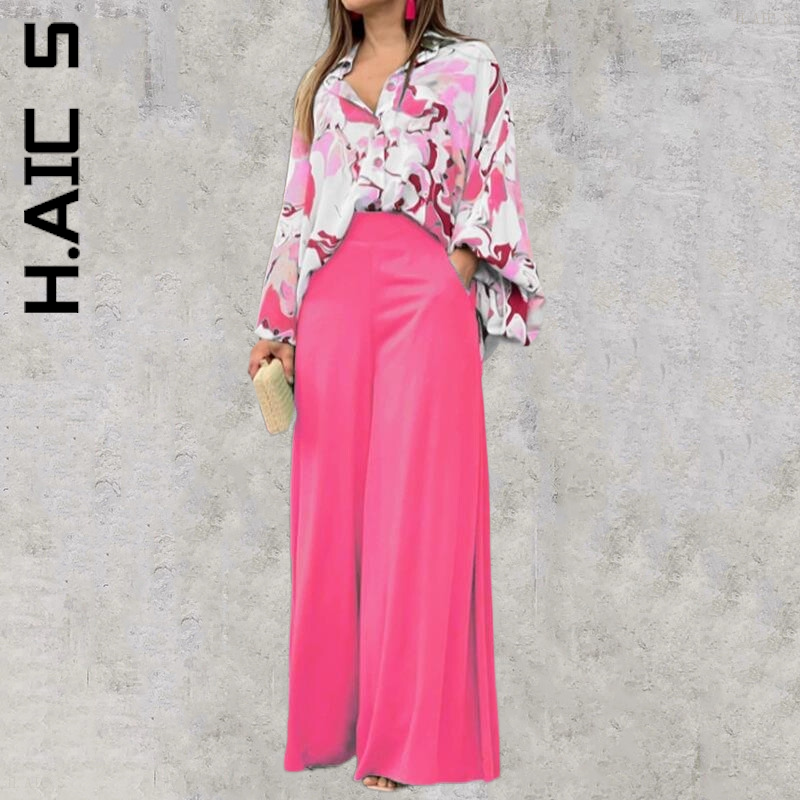 H.Aic S Women Set New Elegant Tops And Pants Simple Long Pants Soft Puff Sleeve Two Piece Sets Party Sexy Female Women's Suit