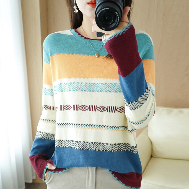 Новинка весна-осень 2022, Хлопковый вязаный свитер, Женский Универсальный пуловер с круглым вырезом и длинными рукавами в цветную полоску