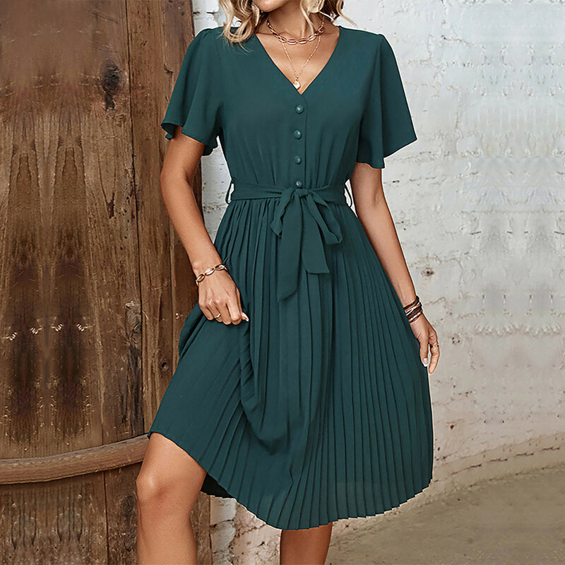우아하고 편안한 V 넥 루즈핏 캐주얼 반팔 드레스 여성용, 여름 프릴 드레스, 여름용