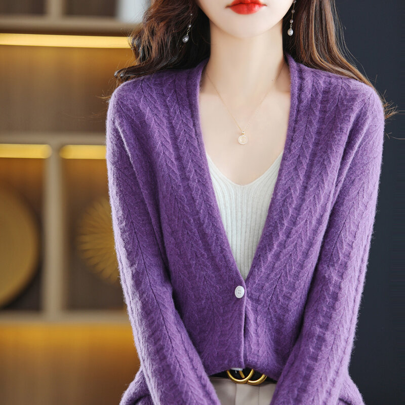 Cárdigan de lana pura para mujer, suéter ajustado con cuello en V, abrigo de punto de manga larga, pequeño, primavera y otoño, 100%