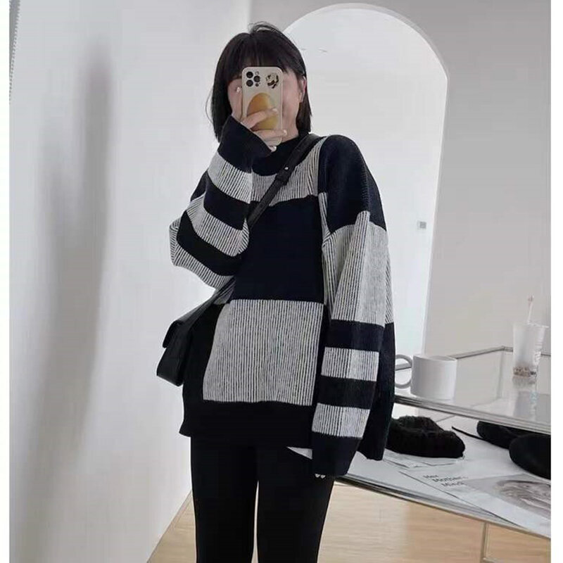 DAYIFUN Oversized Cardigan Contrast Color Autumn And Winter Korean Fashion Matching Sweater Women Knitted Bottoming Shirt Tops