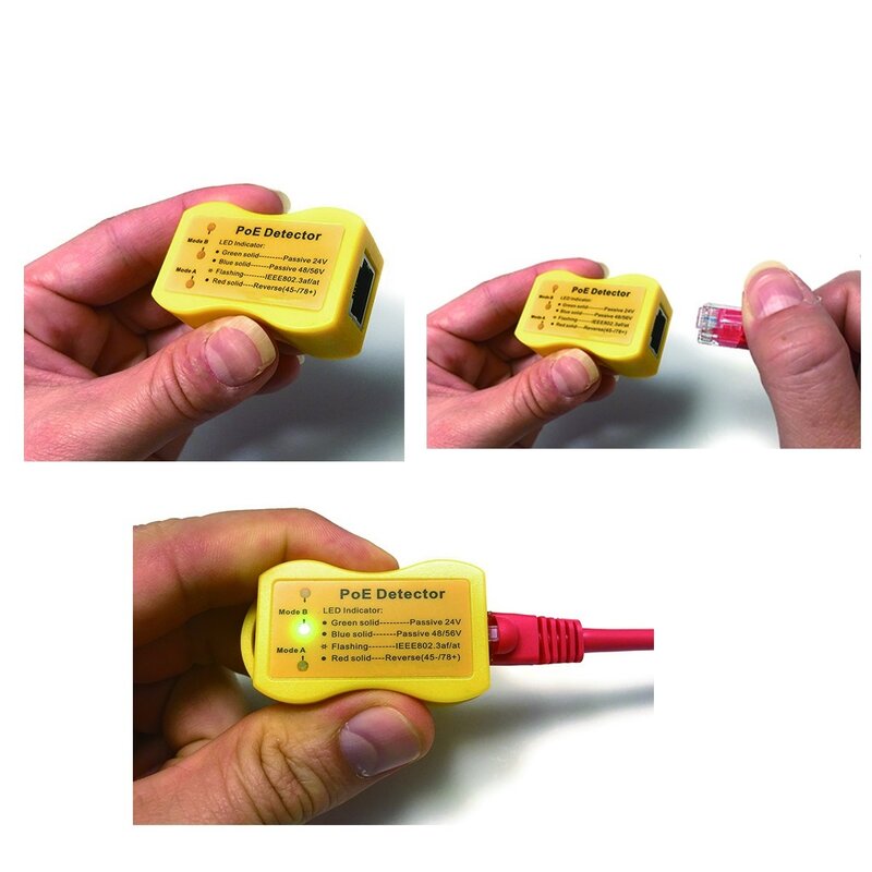 Detector PoE de tamaño llavero sin batería con conector de RJ-45, probador PoE con pantalla LED pasiva/802.3af/at; 24v/48v/56v
