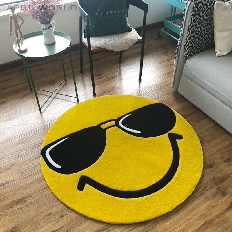 Karpet Wajah Senyum Kartun Besar Karpet Ruang Tamu Anti Selip Bulat Justin untuk Kamar Tidur Keset Pintu Masuk Keset Lantai Ins