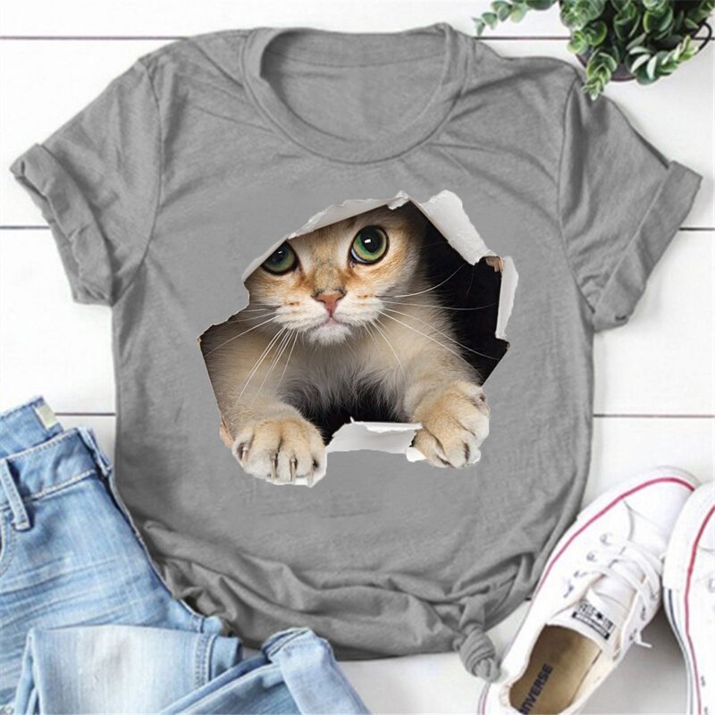 Camisetas con estampado de gato para mujer, camisetas informales de manga corta con cuello redondo, camisetas personalizadas creativas para mujer de verano