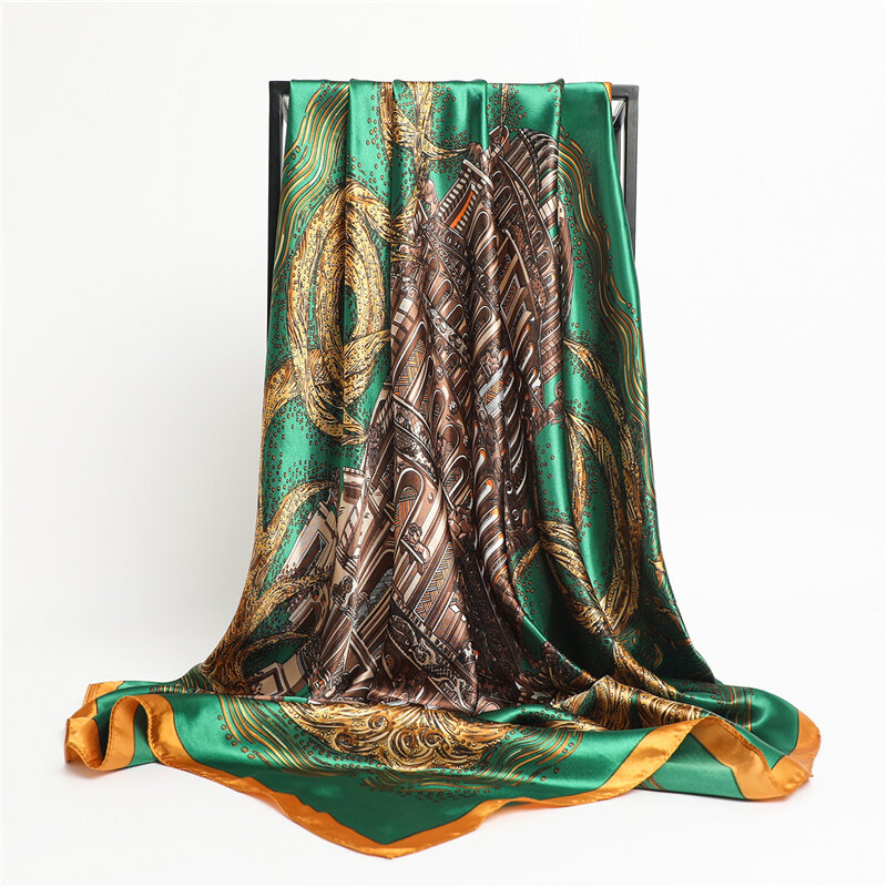 Foulard carré en Satin de soie pour femmes, marque de luxe, Hijab, châles, Turban enveloppant, cravate pour cheveux, Bandana, 90x90cm