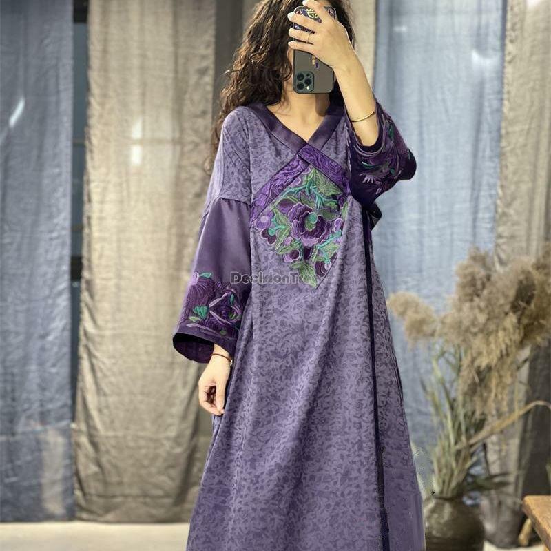22 весеннее вышитое винтажное платье с v-образным вырезом и длинным рукавом, улучшенное hanfu стильное свободное платье для похудения, китайское национальное повседневное женское платье
