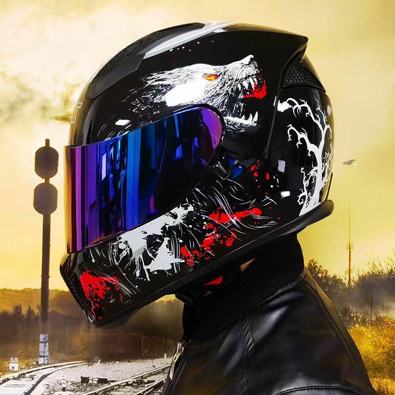 Motocicleta capacete motocicletas elétricas masculinas e femininas, personalidade legal, capacete completo, coberto de quatro estações de corrida de moto s