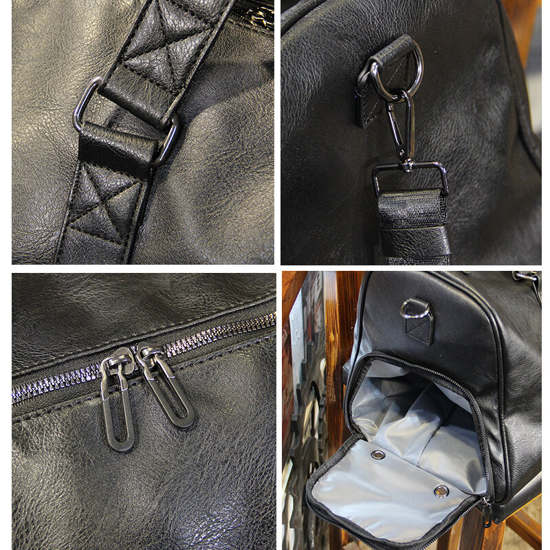 Black Dry Wet Separation Men Travel Bags Fitness Handbag Waterproof Leather Shoulder Bag Business Portable Tote Travel Bag