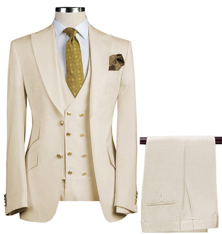 ผู้ชายชุด3ชิ้น Slim Fit ชุดสูททางการเจ้าบ่าวกองทัพสีเขียว Noble สีเทาสีขาว Tuxedos สำหรับงานแต่งงานอย่างเป็นทางการ (Blazer + กางเกง + เสื้อกั๊ก)