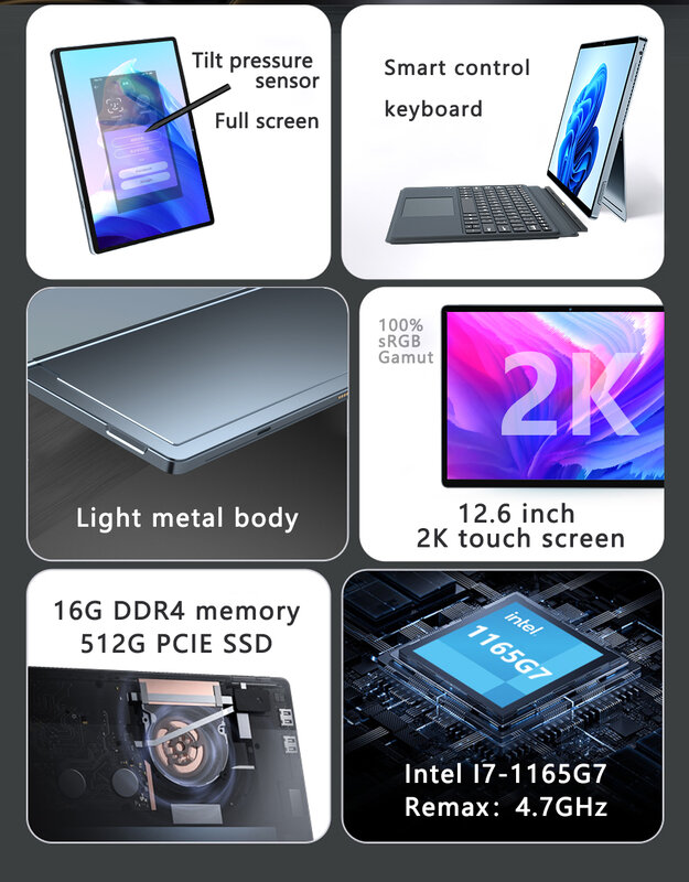 12,6 Zoll 2k Touchscreen Intel Core i7 512 g7 Windows 11 16GB DDR4 GB PCIE Laptop Finger abdruck Kamera Tablet mit Stift