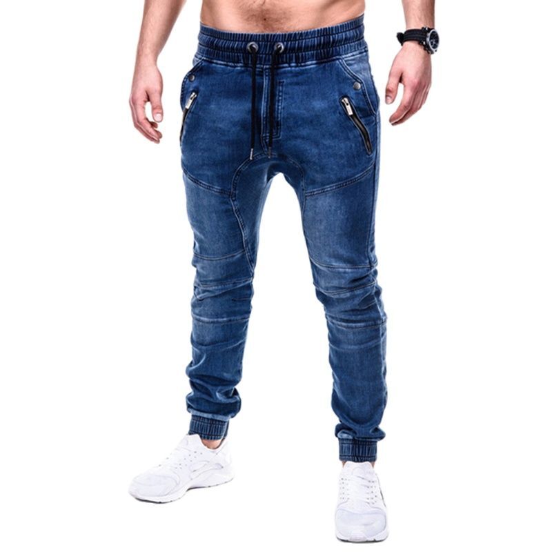Wysokiej jakości jednolity, z kieszenią dżinsy męskie spodnie bawełniane Denim przyczynowe Vintage Cargo spodnie sznurkiem elastyczne grafitowe dżinsy męskie
