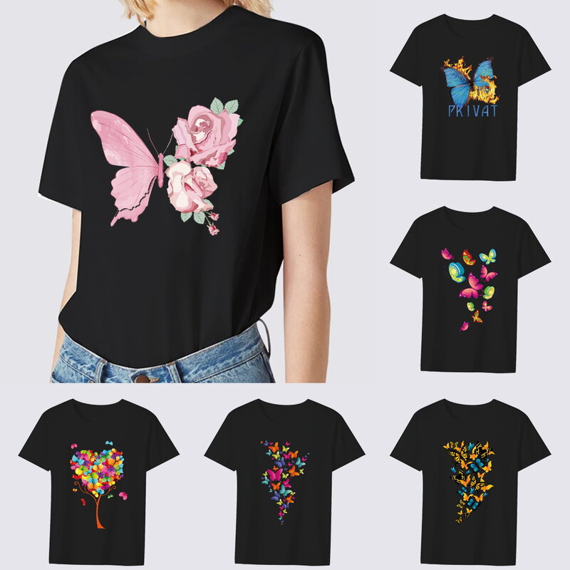Pakaian Wanita Kaus Hitam Atasan Kasual Warna Kartun Seri Gambar Kupu-kupu Leher Bulat Wanita Atasan Lengan Pendek Komuter Ramping