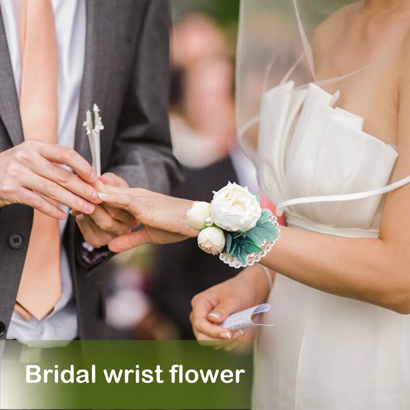 16 Buah Gelang Mutiara Elastis Aksesori Korsase Pergelangan Tangan Pernikahan DIY Dekorasi Bunga Buatan untuk Pesta Pantai Pernikahan