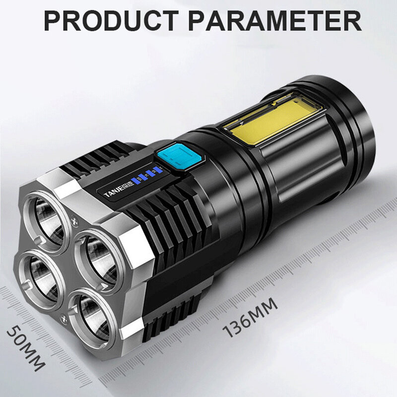 Ao ar livre multi-função lanterna 4-core super brilhante lanterna recarregável led de longo alcance spotlight bateria display cob luz