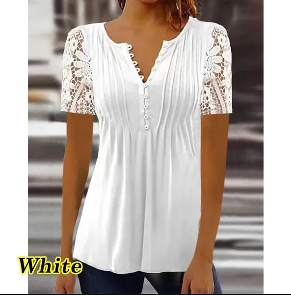 Summer Women's Shirts 3D Printed Hollow Out Shorts Sleeve V-Neck Casual T-Shirts Ladies Clothes Lace Stitching Buttons Blouse
