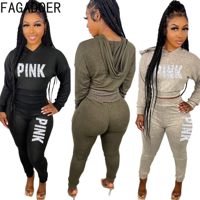 FAGADOER Hoody PINK Letter Print Tracksuits Women Long Sleeve Hoodies Crop Top And Jogger Pants Two Piece Spring Casual Outfits