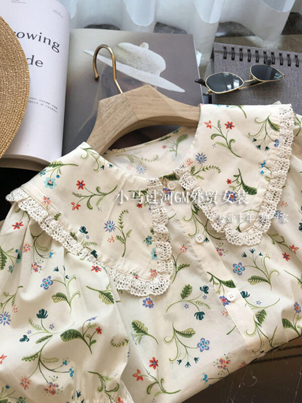 Women Sweet Blouse Short Sleeve Beach Party White Shirts Puff Sleeve Aesthetic Floral Print Peter Pan Collar Crop Tops Summer
