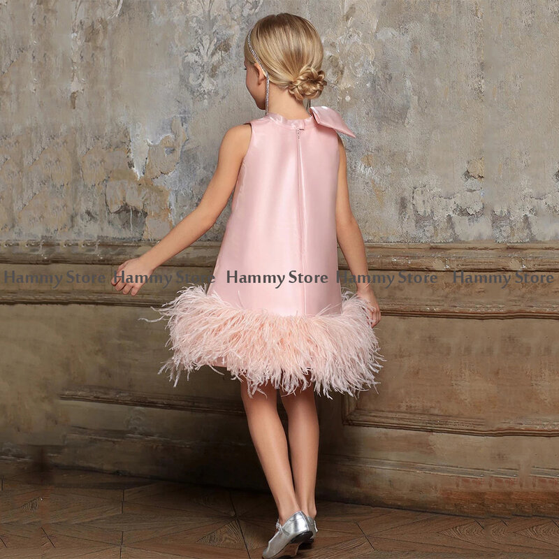Vestido de flores de plumas rosas para niña, Vestido corto recto de cuello alto con lazo grande para fiesta de cumpleaños por encima de la rodilla, vestido de desfile para niña