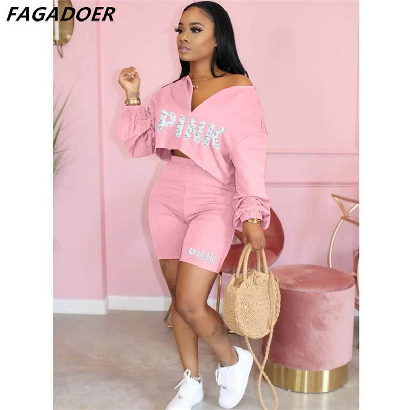 FAGADOER 2022 Summer PINK Letter Print Two Piece Sets Casual V Neck Long Sleeveless Crop Top And Skinny Shorts Tracksuit Outfits