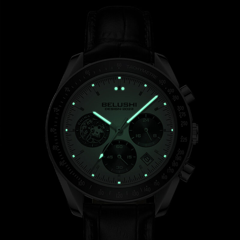 Belushi relógio masculino marca de luxo homem relógio panda design cronógrafo relógios à prova dwaterproof água relógio de couro frete grátis para homem