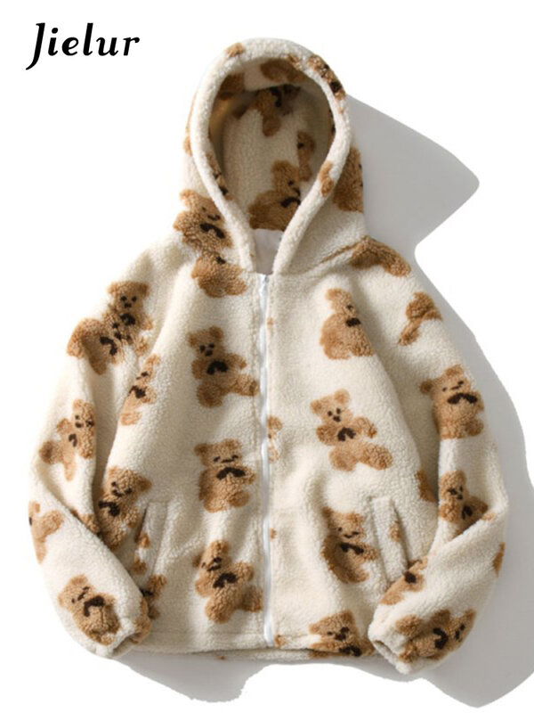 Jielur-chaquetas con capucha de oso de dibujos animados para mujer, Sudadera con capucha informal con cremallera, abrigo de peluche cálido, ropa de pareja