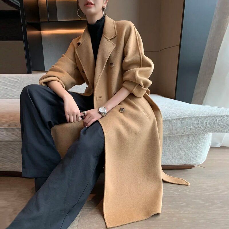 Outono e inverno coreano de alta qualidade casaco de lã 2022 novo feminino clássico camelo duplo breasted solto ajuste médio longo casaco de lã