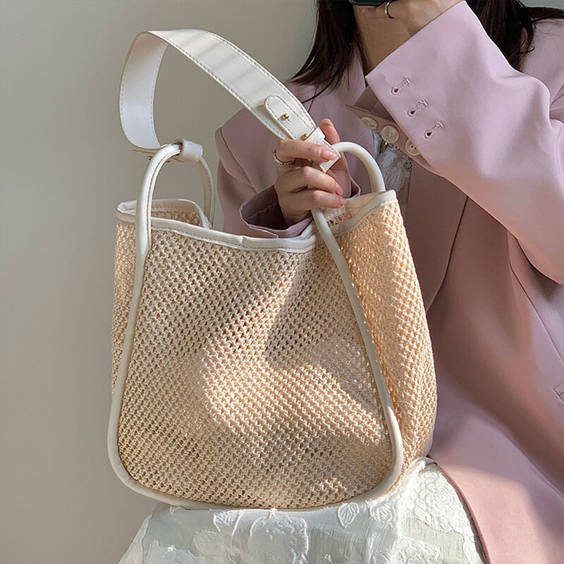 패션 여름 짠 Crossbody 메신저 탑 핸들 가방 짚 메쉬 여성 소녀 광장 지갑에 대 한 큰 핸드백