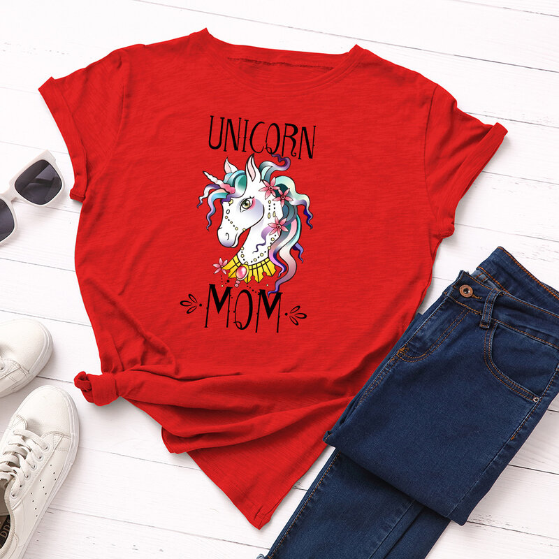 Camiseta con estampado de unicornio para Mujer, blusa holgada de manga corta con cuello redondo para Mujer, ropa para Mujer