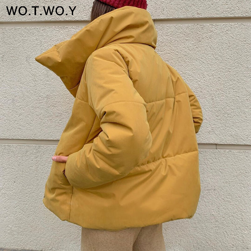 WOTWOY Oversized Cropped Winter Jacket 여성용 윈드 브레이커 코튼 패딩 파커 여성 솔리드 캐주얼 두꺼운 자켓 여성용 아웃웨어