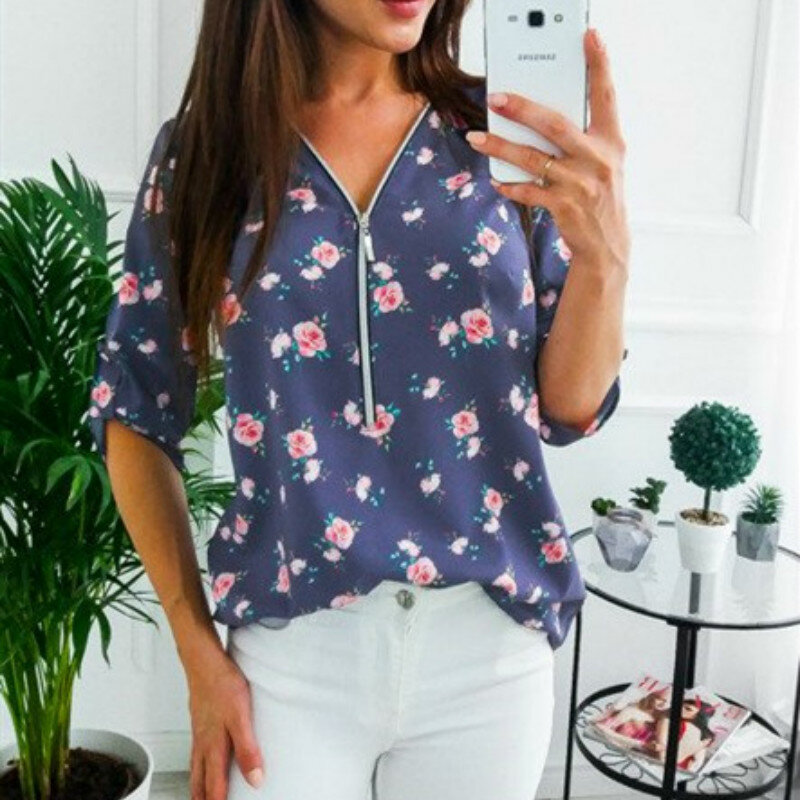 Übergroßen Tops Arbeiten Frauen Blusen Mode Fit Zipper V-ausschnitt T-shirt Vintage Floral Print Shirts Dot Tunika Casual Mujer Blusas