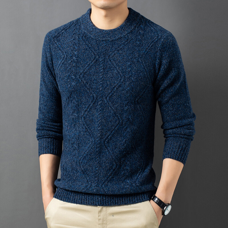 Men's Round Neck Sweater Thick Winter Clothes Pure Wool Thick Needle Fishbone Jacquard Knitted Bottoming Sweater