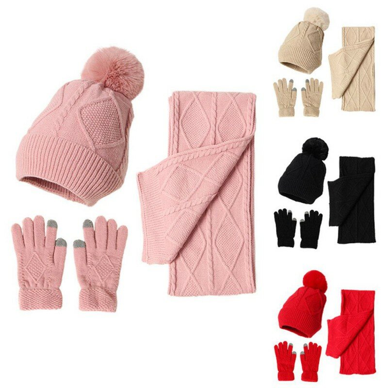 Feminino inverno terno térmico cor sólida gorro chapéu cachecol e luvas conjunto engrossar quente malha crânio boné 3 peças conjunto