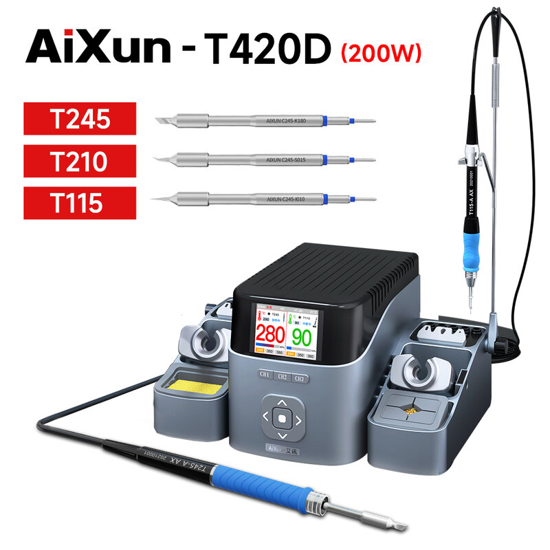 AiXun T420D Dual ช่องอุปกรณ์เชื่อมสายไฟอัจฉริยะอุณหภูมิควบคุมจอแสดงผลคริสตัลเหลว HD ซ่อมบัดกรีเครื่...
