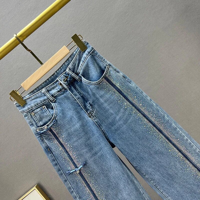Vintage 90s Rhinestone Jeans Women's Wide-Leg Pants 2022 Autumn High Waist Pants Ladies baggy jeans Fashiona Blue Denim Trousers