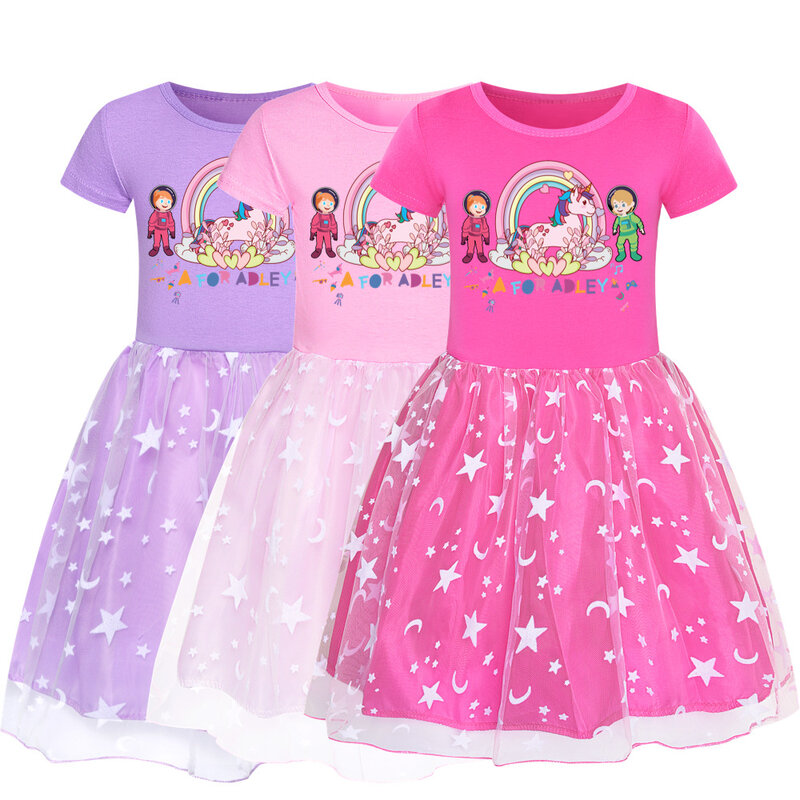 New Girls Cartoon A FOR ADLEY Cotton Dress Toddler Kids Baby Girl Party Short Sleeve A-line Dresses Sundress Summer Clothes