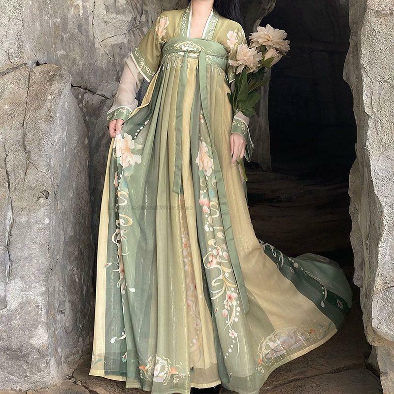 Frühling Sommer chinesische Hanfu Kleid Frauen alten traditionellen Blumen lied Dynastie Vintage Kleidung Volkstanz verbessert Hanfu Set