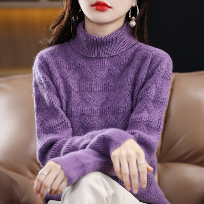 Jersey holgado con solapa alta para mujer, camisa de fondo de lana pura para otoño e invierno, 100%