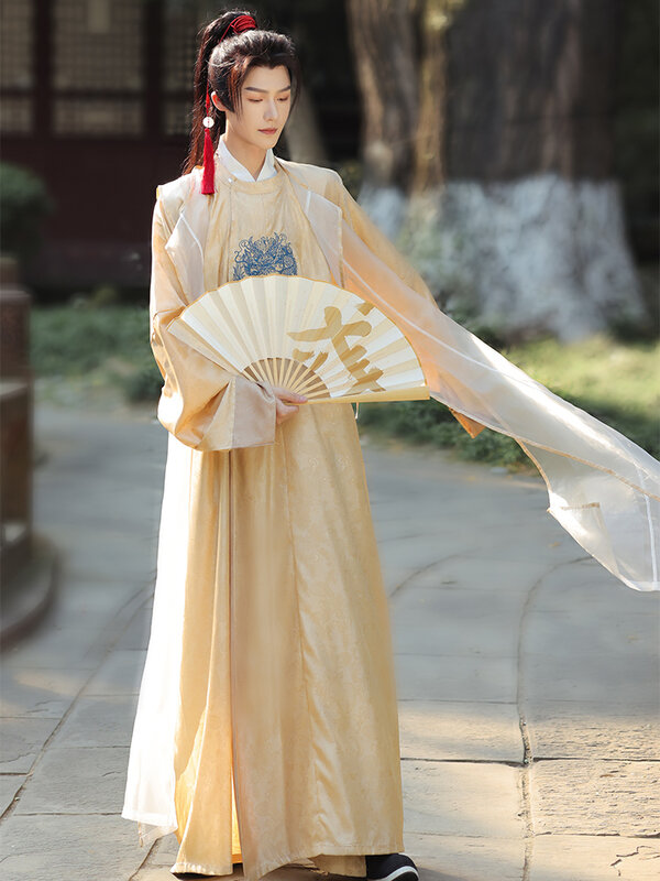 Hanfu kostum Cosplay Dinasti Tang, gaun kuno leher bulat, kostum Cosplay panggung musim semi musim gugur, Set Hanfu longgar Vintage tampan