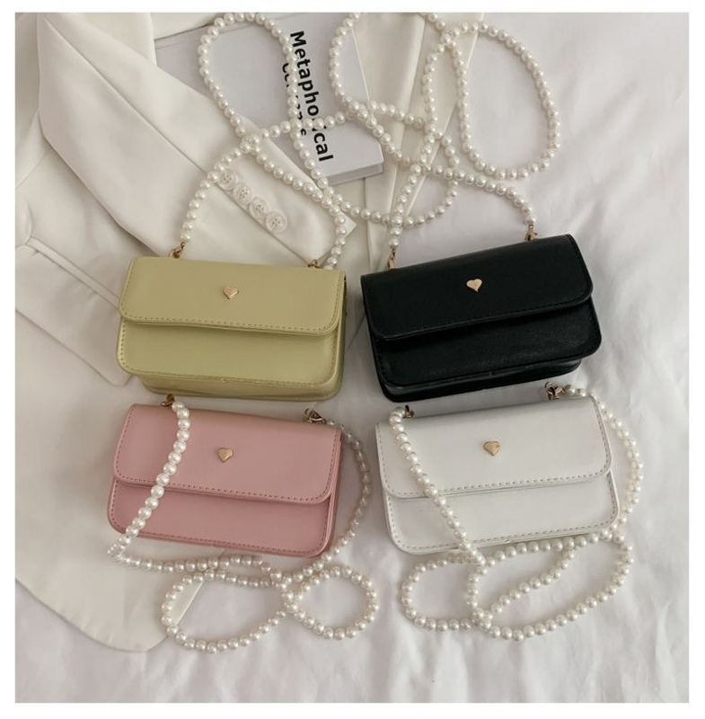 MBTI Luxury Pearl Chain Metal Heart Crossbody Bag 2023 Summer Fashion Versatile Solid Color Shoulder Square Bags for women