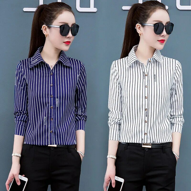 Herfst Chiffon Vrouwen Shirts Gestreepte Office Lady Button Up Shirt Lange Mouw Dames Tops Wit Vrouwen Blouse Camisas Mujer