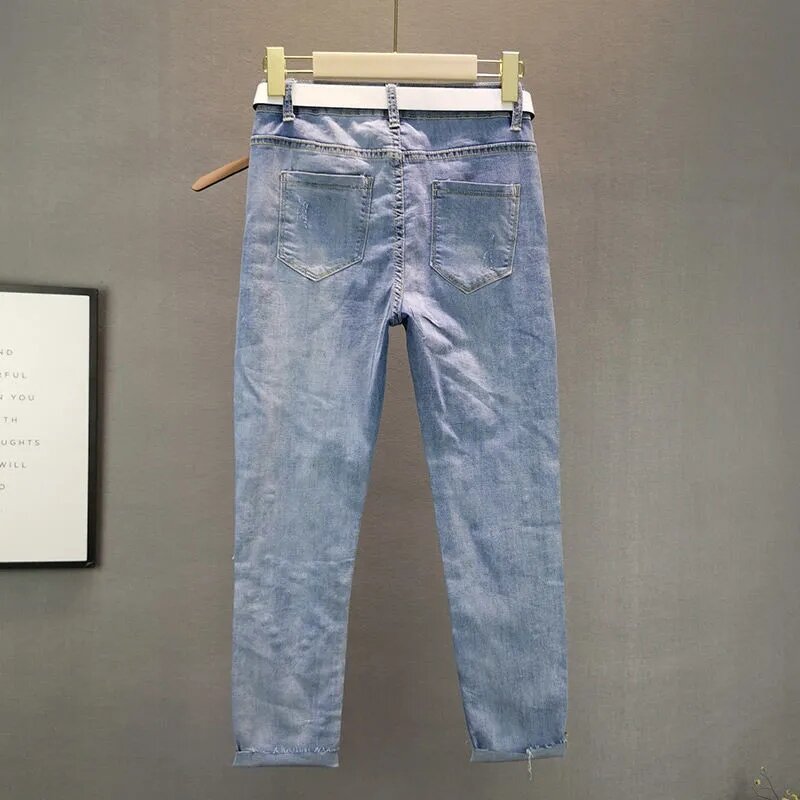 Женские джинсы, Новинка весна-лето 2022, эластичные облегающие брюки-карандаш с эффектом сверления, женская уличная одежда, джинсовые брюки, ж...
