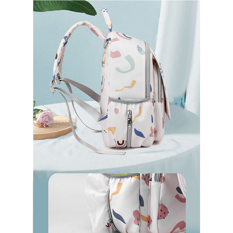 Mommy moda saco de fraldas impressão mochila de grande capacidade, cor contraste, bolsa de bebê para a mãe, leve bolsa de viagem, novo