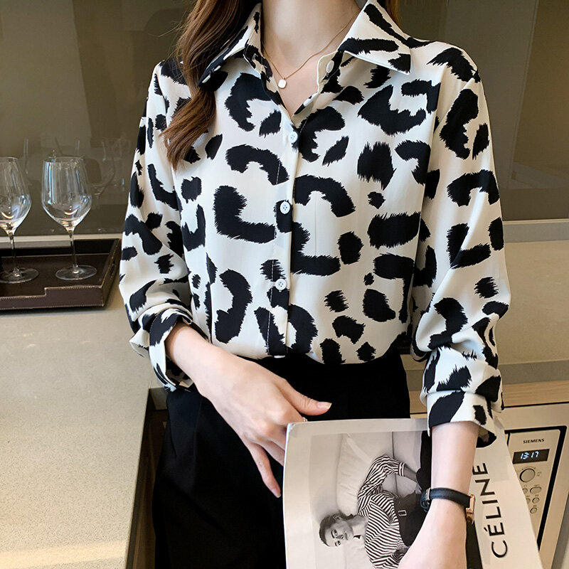 Женская шифоновая рубашка с леопардовым принтом, с длинным рукавом