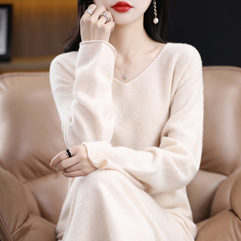 Spring New Lazy Wind Loose 100% Pure Wool Two-Piece Women's V-Neck Sweater With Long Pullover And Thin Knitted Skirt Suit