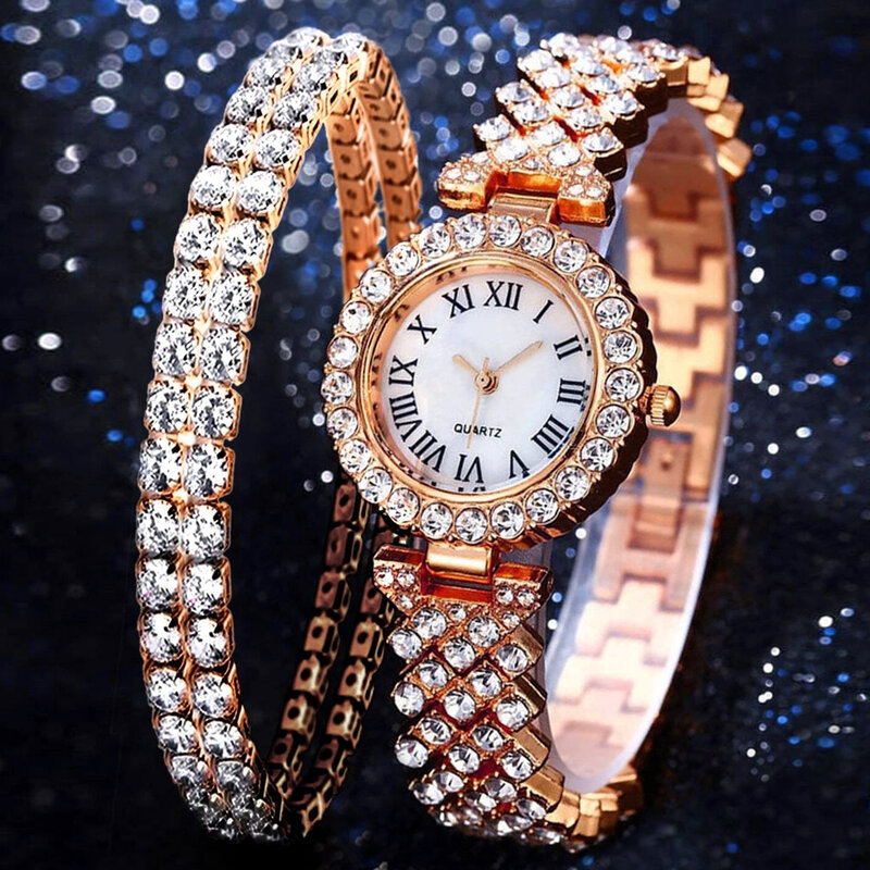 3 pçs/2 pçs relógios definir luxo strass moda feminina elegante relógio de pulso de quartzo para a menina senhoras relógio relogio feminino