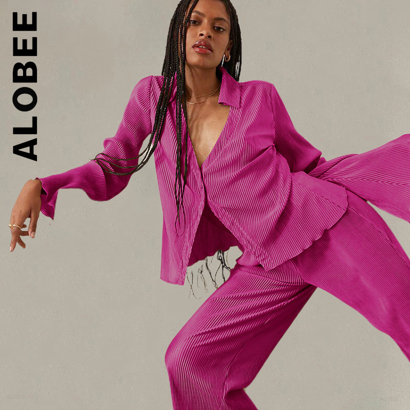 Alobee – ensemble de survêtement pour femmes, pantalon plissé et cranté à simple boutonnage, mode