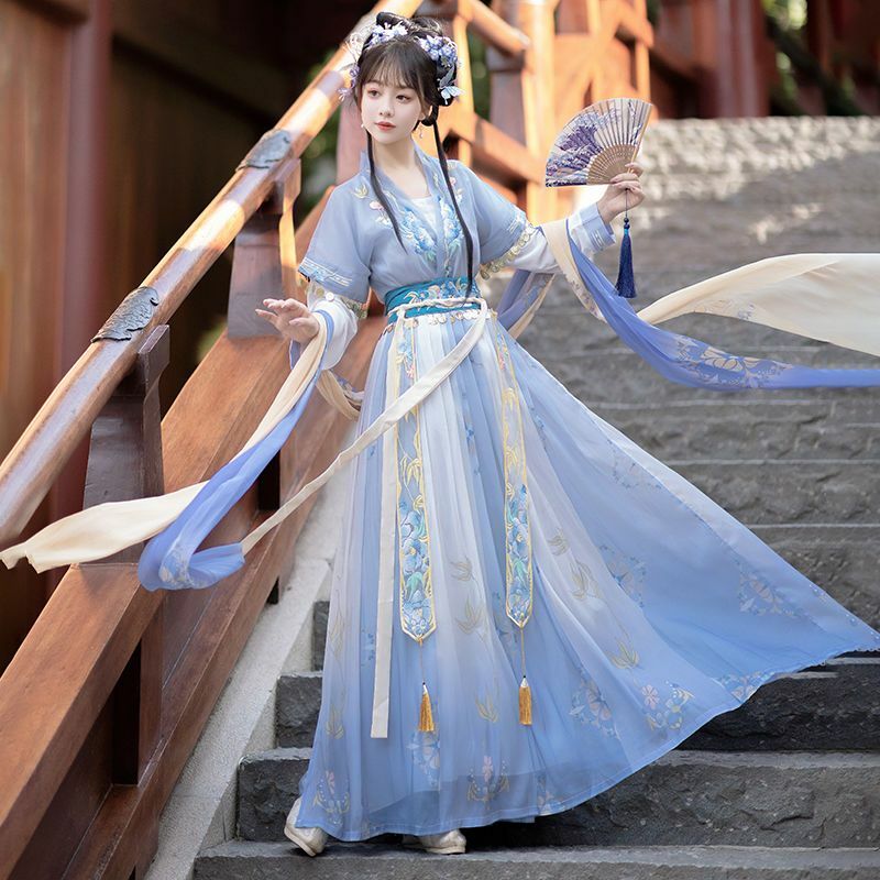 Hanfu pakaian kuno Hanfu wanita Tang Hanfu asli buatan pinggang panjang bordir gaya Cina sehari-hari gaya musim panas
