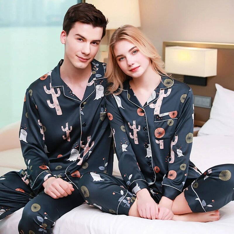 Шелковая атласная мягкая пижама с длинным рукавом, пижамы для пары, набор пижам с принтом зебры для мужчин, винтажный кардиган, одежда для сн...