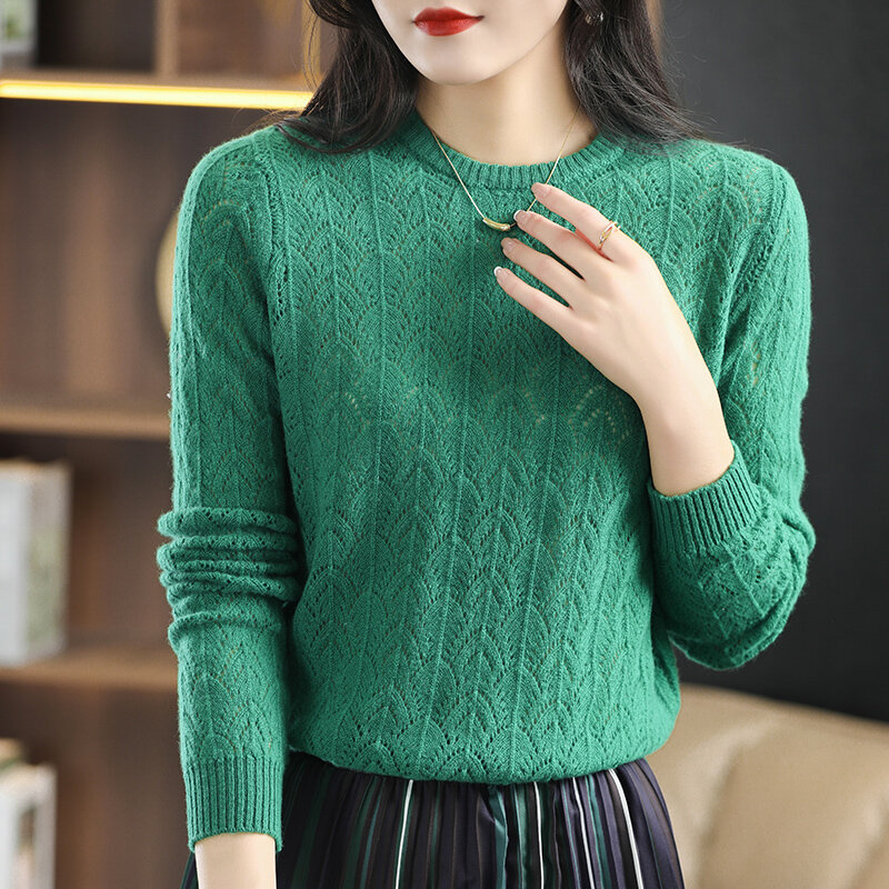 女性の透かし彫りのニットセーター,長袖の丸い襟,ルーズで軽い,韓国スタイル,春秋,2022