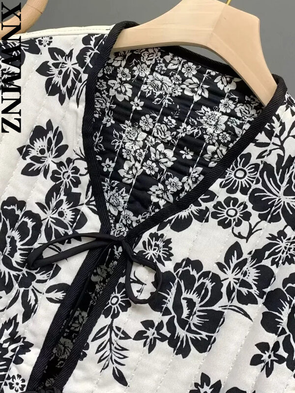 XNWMNZ 2022 Женская модная стеганая куртка с принтом Женская Ретро V-образный вырез с галстуком Зимняя теплая стеганая куртка Женская шикарная двусторонняя куртка